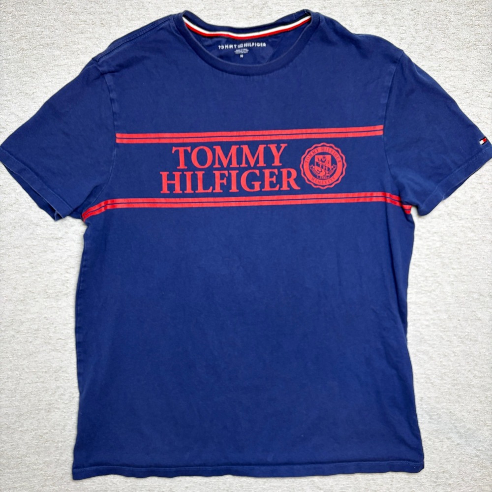 Tommy Hilfiger Mens T-Shirt Medium Blue Red Graphic Logo Tee Good